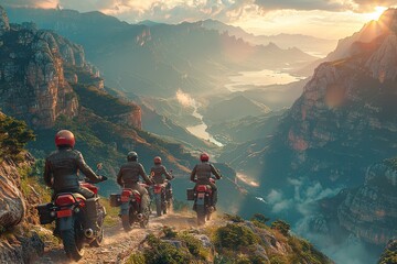 Fototapeta premium Four people on motorcycles are riding down a mountain road