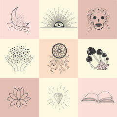 Set of magic symbols, celestial seamless pattern. Astrological, magical and esoteric symbols.