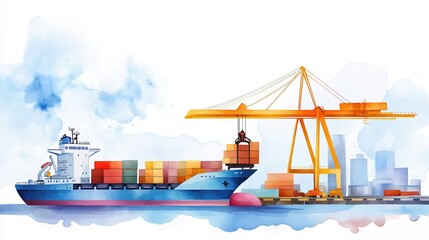 Cargo being loaded onto a ship, port scene, industrial setting, Watercolor style