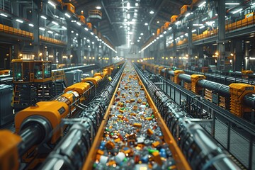 A conveyor belt is filled with trash and debris
