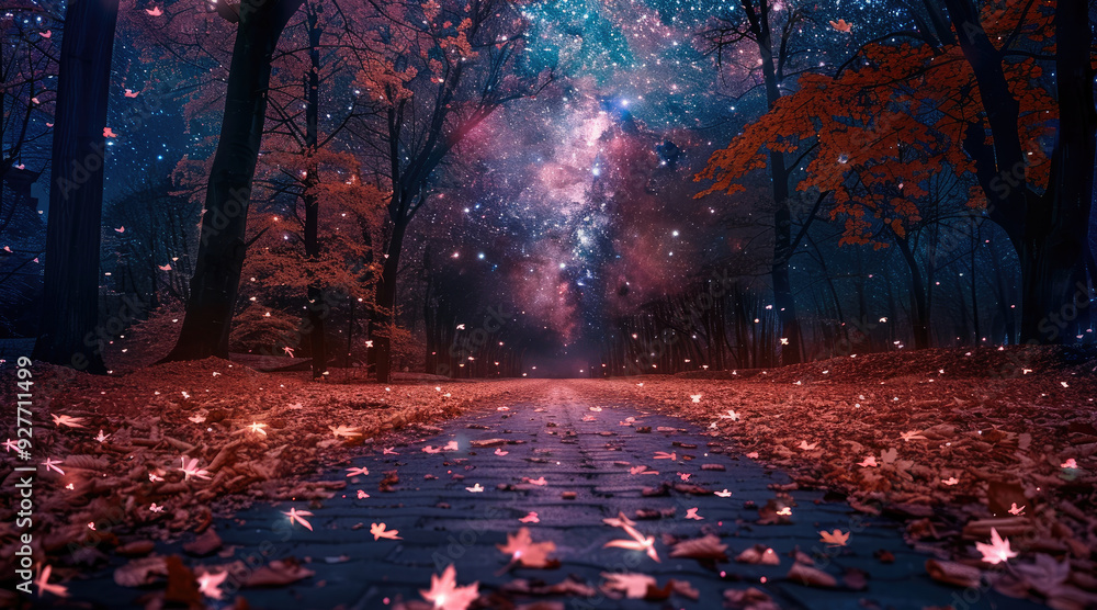 Poster a tranquil night scene with a starry sky, a path covered in fallen leaves, and distant tree silhouet
