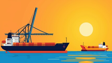 Port scene, ships and cargo handling equipment, flat design illustration