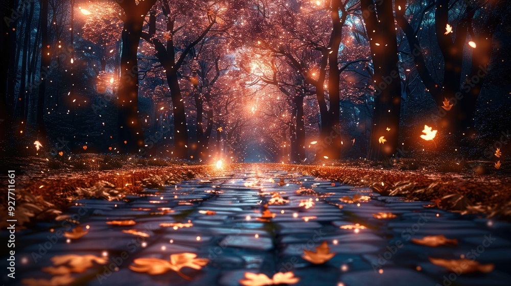 Poster a tranquil night scene with a starry sky, a path covered in fallen leaves, and distant tree silhouet
