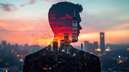 A silhouette of a man blended with a vibrant cityscape at sunset, symbolizing urban life and introspection in modern settings.