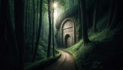 Fototapeta premium Wooden Door Embedded in a Forested Hillside