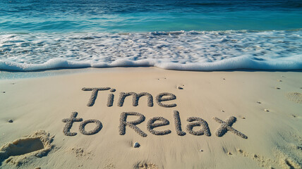 Close-up of the phrase Time to Relax written in smooth, neat script on a sandy beach, with a beach towel and sunglasses nearby. Ai generated