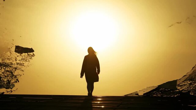 A silhouette walks across a crumbling bridge with a glowing sun backlighting the scene, symbolizing a journey into the unknown

