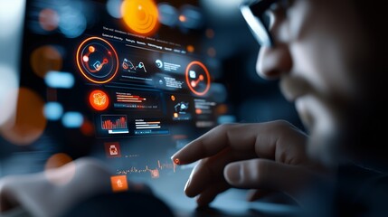 Man analyzing data on digital interface.