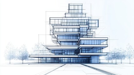 Modern architectural design sketch featuring stacked geometric shapes and a minimalist aesthetic in a serene environment.