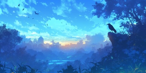 Obraz premium Ethereal Anime Autumn Night: Dewdrop Sky with Crows on Curtain Trees. Vibrant Blue Heavens Meet Dreamy Fall Landscape in 4K. 2025 Equinox Scene for UI, Web, and Halloween-Themed Posters. Fresh Colors 