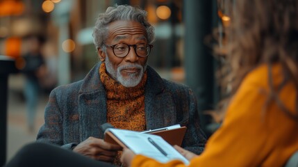 Journalist in Professional Attire Engaging in a Thoughtful Interview, Actively Taking Notes and Listening in a Modern, Well-Lit Space, Emphasizing the Art of Storytelling and Dynamic Interaction