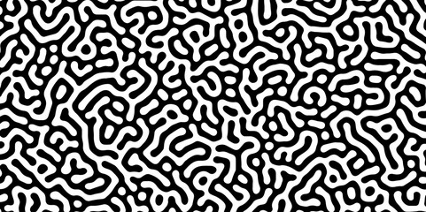 Abstract Turing organic wallpaper with background. Turing reaction diffusion monochrome seamless pattern with chaotic motion. Natural seamless line pattern. Linear design with biological shapes.