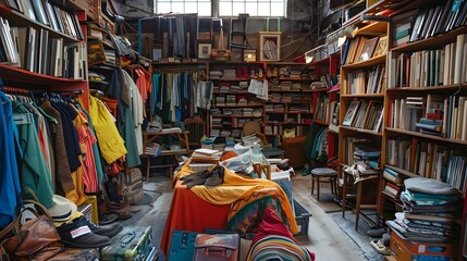 Fototapeta premium Used clothing, accessories, books, and household items are sold at secondhand clothing stores, thrift stores, and charity shops.