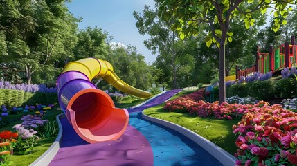 The twisting and colorful slide attracts the attention