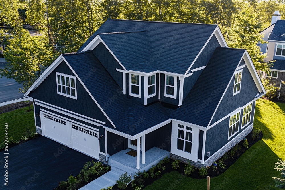 Wall mural Blue House with White Trim and Black Roof