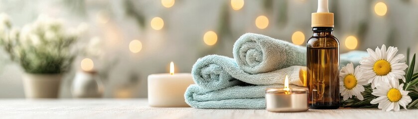 Spa Essentials with Towels, Candles, and Oil Bottle