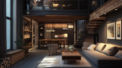 Stunning home design featuring a cozy living room and an elegant dining area. --ar 16:9 --v 6.1 Job ID: afa91c7c-42ba-4643-b830-47d24c23e7ce