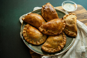 Six delicious freshly baked homemade meat empanadas on green plate served with creamy dip on wooden board on green background.