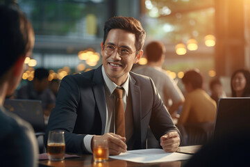 generated illustration of happy Asian businessman stand smiling use phone near business center