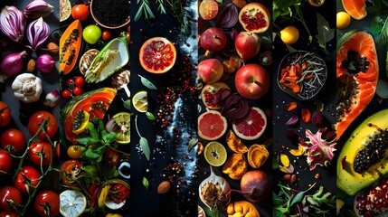 collage of culinary items, Sony Alpha a7 ll camera, high contrast, ethereal, intricate, amazing, colorful, and tastycore