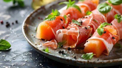 Delicacies prosciutto rolls with melon and fresh mint