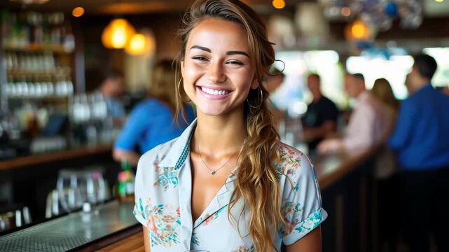 A cheerful bartender welcomes guests with a bright smile as conversations and laughter fill the bustling venue, capturing the joy of the night