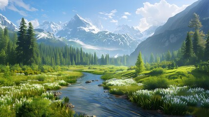 Valley covered with green meadows and forests