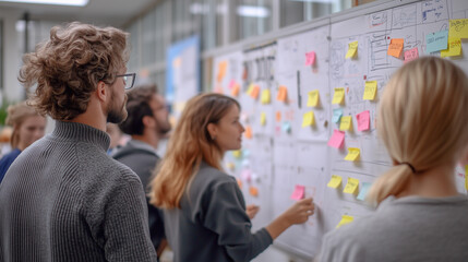 Young entrepreneurs collaborate and generate new concepts using colorful sticky notes on a whiteboard during a brainstorming session
