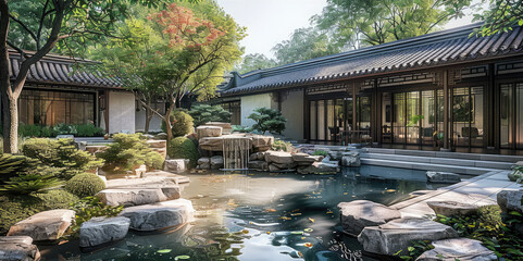 a Chinese-style hotel courtyard with landscape design. Directly in front is a traditional Chinese...