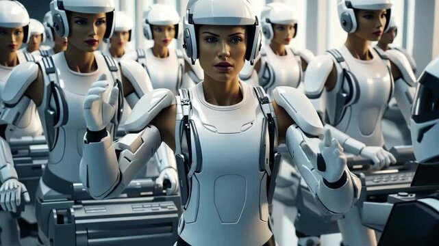 Humanoid robots are seen marching in synchronized formation through a futuristic training facility showcasing advanced technology and design