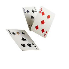 Three aces from a deck of cards flying mid-air, isolated on a  transparent background