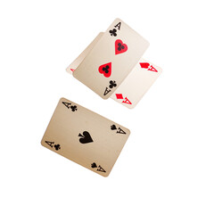 Three aces from a deck of cards flying mid-air, isolated on a  transparent background