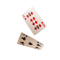 Three aces from a deck of cards flying mid-air, isolated on a  transparent background