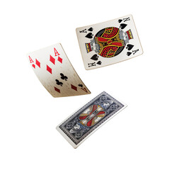Three aces from a deck of cards flying mid-air, isolated on a  transparent background