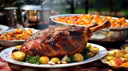 A roast leg of lamb delights a gathering, surrounded by fresh sides in a vibrant garden setting on a sunny day - Powered by Adobe