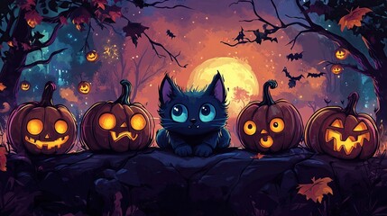 Halloween background with pumpkins haunted house and spooky forest