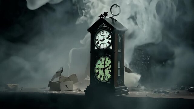 A clock is engulfed in a cloud of smoke and debris, disintegrating into nothingness under dim, eerie light, creating a haunting atmosphere that emphasizes the mysterious and ominous destruction.