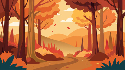 Vector illustration of an autumn forest with tall trees and colorful orange and yellow leaves