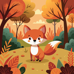 Fototapeta premium Vector illustration of cute fox amidst autumn forest with tall trees and colorful orange and yellow leaves
