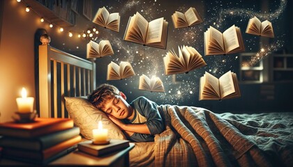 Child Sleeping in Bed Surrounded by Floating Magical Books