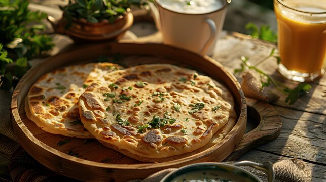 Indian breakfasts with paranthas served with yoghurt chutney