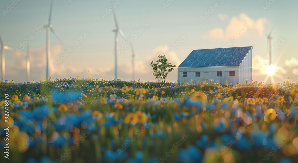 Poster an energy storage container with solar panels and wind turbines in the background, illuminated by su