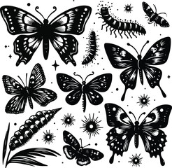 Print  Set of butterflies, ink silhouettes. Glowworms, fireflies and butterflies icons isolated on white background. Hand drawn elements, Vector illustration.