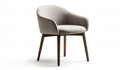 A contemporary dining chair with a curved, upholstered seat in soft gray fabric and slim wooden legs, isolated on a plain white background