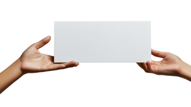 Hands holding a blank rectangular sign on a transparent background