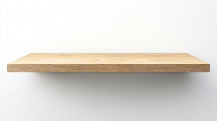 A contemporary wall-mounted shelf with a simple, floating design in light oak wood, isolated on a plain white background