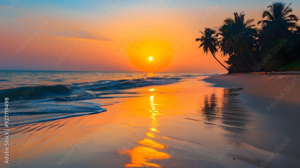 Wall mural sunset over a tropical beach its warm shades