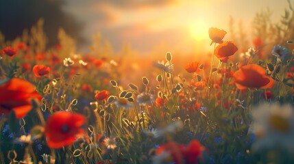 Obraz premium Sunset on a flowering field