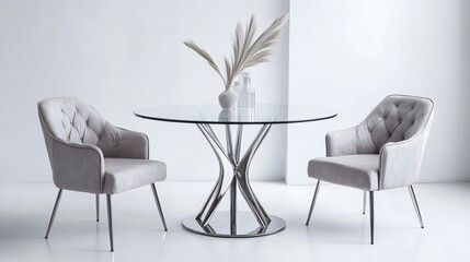 A modern dining set with a round glass table and four upholstered chairs in soft gray fabric, centered on a clean, white background