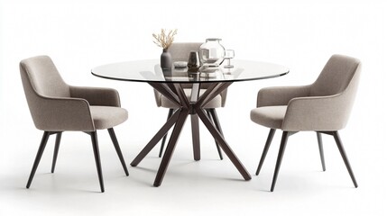 A modern dining set with a round glass table and four upholstered chairs in soft gray fabric, centered on a clean, white background